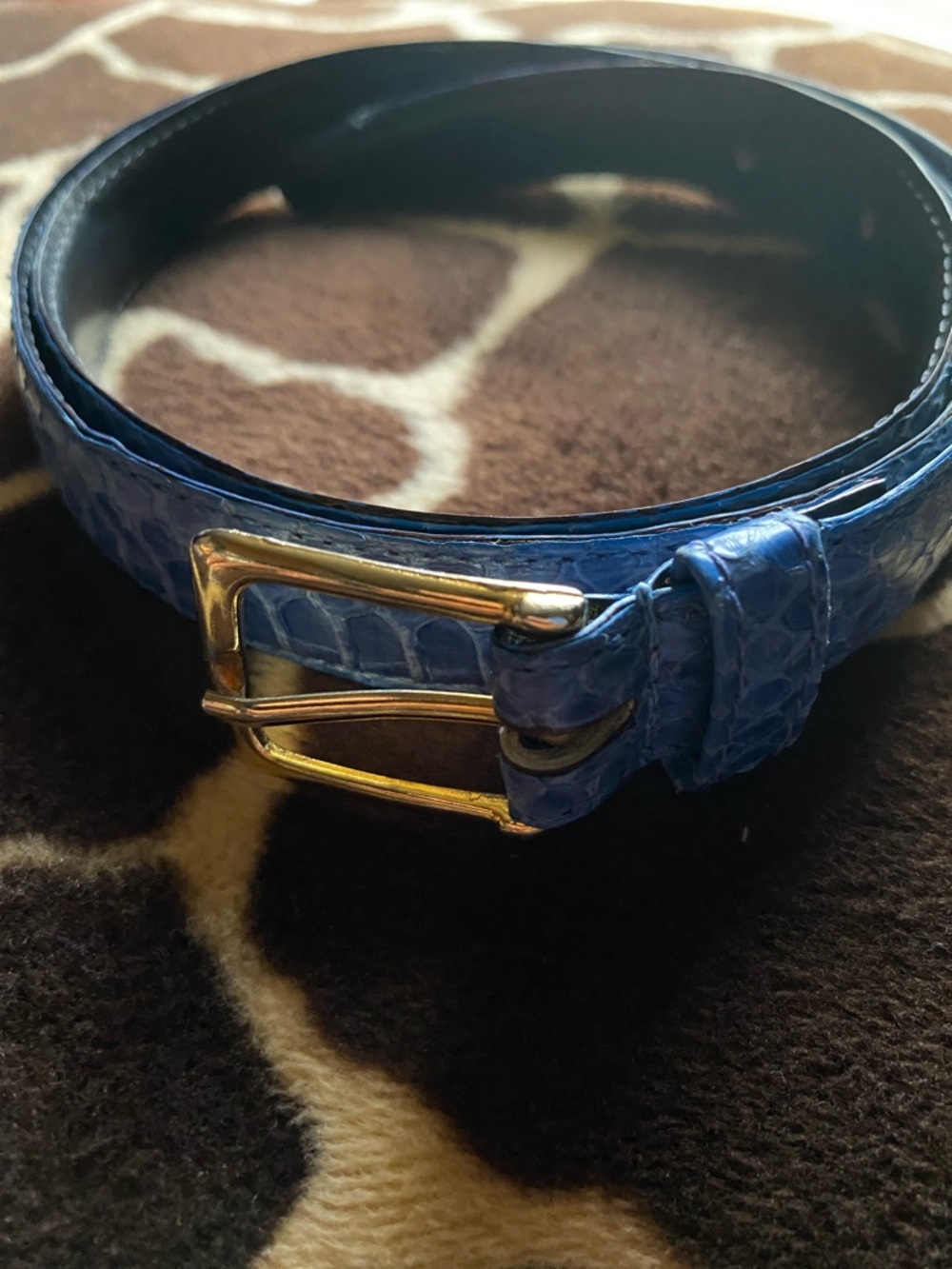 Vintage 80’s Blue Snakeskin Belt With Gold Tone Buckle
